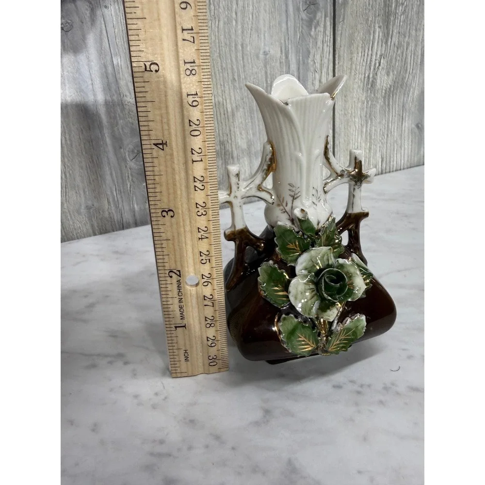 Vintage Porcelain Bud Vase 3D Applied Green Rose Gold Gilt Brown White 5.25